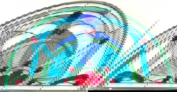 STAINED GLASS ART PANEL: CONTEMPORARY LEADED AND STAINED GLASS ARCHED ART PANEL. 14"X20". REQUIRES THIRD PARTY SHIPPING/TRANSPORTATION.