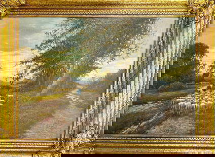 WILHELM HUGO RUPPRECHT PASTORAL PAINTING: WILHELM HUGO RUPPRECHT (GERMAN, 1881-1970) OIL ON CANVAS PAINTING OF A MAN WITH A FLOCK OF SHEEP WITH COTTAGE NESTLED IN THE BACKGROUND. SIGNED LOWER LEFT. GILT FRAMED. 35"X47". REQUIRES THIRD