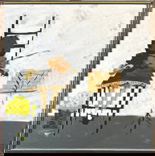 ROBERT MCCAINE PAINTING: ROBERT MCCAINE (AMERICAN, 20TH CENTURY) OIL ON CANVAS WITH MIXED MEDIA MODERNIST PAINTING OF A JUVENILE VIOLINIST. FRAMED, SIGNED LOWER RIGHT. 37"X37". REQUIRES THIRD PARTY SHIPPING/TRANSPORTATION.