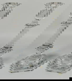 BACCARAT HARCOURT CANDLESTICKS: SIGNED. EACH WITH MINOR FLEA BITES/SMALL CHIP ON BASE. 9"
