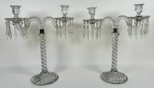 BACCARAT CANDLESTICK PAIR: EACH HAVING TWO LIGHT WITH PRISMS. UNMARKED, ATTRIBUTED. MISSING ONE PRISM. 17"H