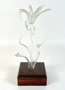 HANS GODO FRABEL - IDEAS OF GLASS: ART GLASS SCULPTURE MOUNTED ON WOODEN STAND, WITH ARTIST LITERATURE. 10.5"
