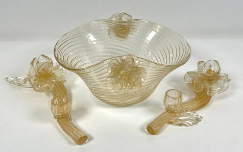 SALVIATI MURANO ART GLASS GARNITURE: MURANO ART GLASS, CLEAR WITH GOLD AVENTURINE, SALVIATI PAPER LABEL, BOWL AND CANDLESTICK PAIR. ONE STICK WITH CONSPICUOUSLY GROUND. BOWL IS 10"