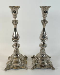 ART NOUVEAU WMF CANDLESTICKS: PAIR OF SILVERPLATED ART NOUVEAU CANDLESTICKS, MARKED W.M.F. AND GALW. 12"H