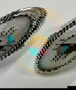 ZUNI NATIVE AMERICAN JEWELRY - HUSTITO: VINTAGE JEREMY HUSTITO (ATTR.) STERLING SILVER RING, MOTHER OF PEARL INLAY. SUNFACE, TURQUOISE, CORAL AND ONYS. SYMBOLS OF ABUNDANCE, STABILITY, POSITIVITY, ENERGY, HAPPINESS, HOPE AND PEACE. 18 GRAMS