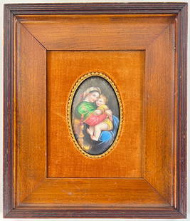 ANTIQUE PORCELAIN PAINTING - MADONNA AND CHILD: PORCELAIN PLAQUE PORTRAITURE PAINTING, UNSIGNED. MOUNTED IN WOODEN FRAME. OVERALL 8"X10"