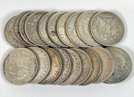 MORGAN SILVER DOLLAR ROLL - 20 COINS: ROLL OF CIRCULATED 1921 MORGAN SILVER DOLLARS, 20 COINS. MIXED MINTS.