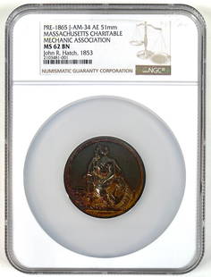MASSACHUSETTS CHARITABLE MECHANICS MEDAL: OVERSIZED NGC SLAB CERTIFIED IN MS62BN. PRE-1865 - J-AM-34 AE 51MM. MASSACHUSETTS CHARITABLE MECHANIC ASSOCIATION, JOHN R. HATCH, 1853.