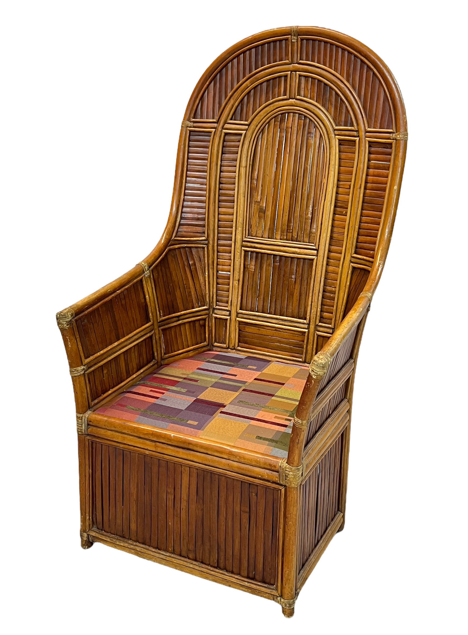 VINTAGE BOHEMIAN SPLIT REED CHAIR: GOOD VINTAGE CONDITION, MINOR WEAR COMMENSURATE WITH AGE AND USE, 53" BACK, 16" SEAT, 47"W, 26"D. REQUIRES THIRD PARTY SHIPPING/TRANSPORTATION.