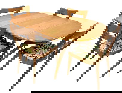 HEYWOOD WAKEFIELD DINETTE: VINTAGE DINING TABLE AND SIX CHAIRS. DROP SIDE TABLE WITH LEAF. SIX CHAIRS WITH UPHOLSTERY WEAR INCLUDING TEARS AND LOSS, ALL ELSE IN GOOD VINTAGE CONDITION. LABELED. TABLE IS 38"W, 23"L PLUS 16" DROP