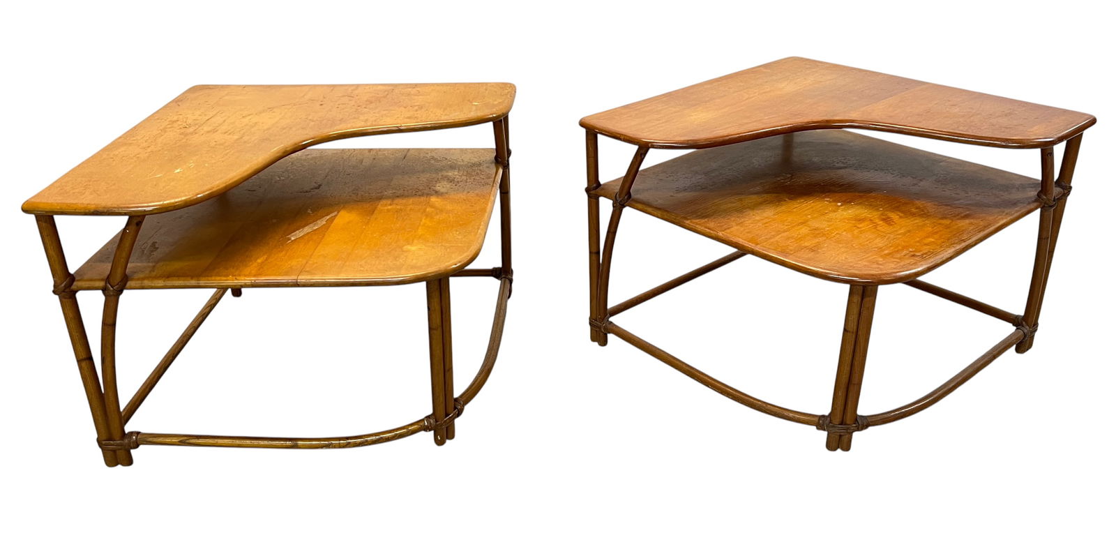 HEYWOOD WAKEFIELD CORNER TABLES: PAIR OF CORNER TABLES WITH LOWER/UPPER SURFACES. MARKED. GOOD VINTAGE CONDITION. 30"X30"X20"H. REQUIRES THIRD PARTY SHIPPING/TRANSPORTATION.