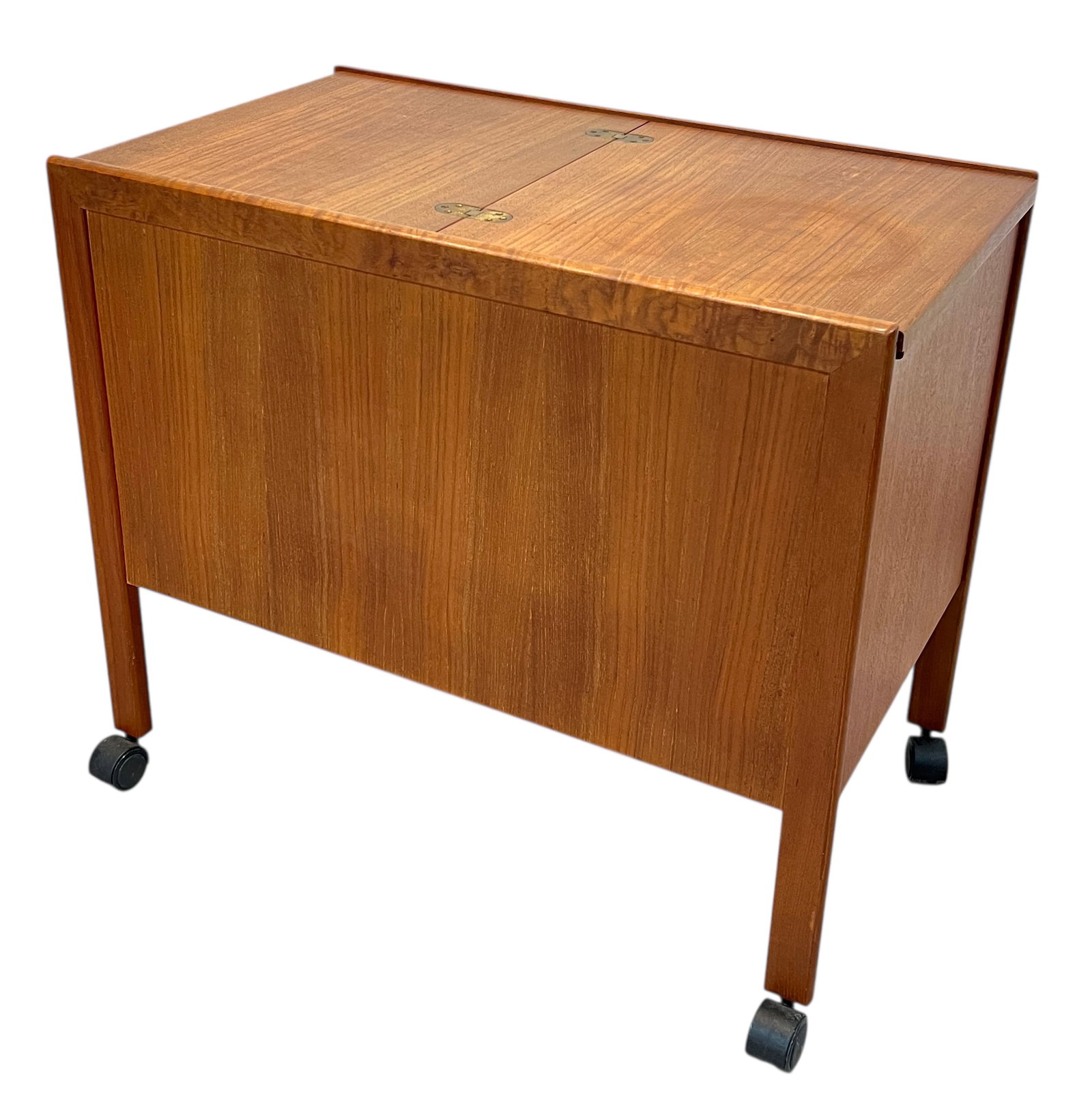 MCM TEAK ROLLING BAR: SLIDING TOP, EXTENSION, BOTTLE STORAGE. LIGHT WEAR, SOME AREAS OF STAINING. 31"W, 18"D, 28"