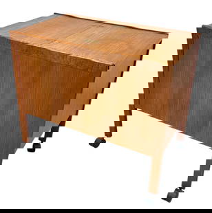 MCM TEAK ROLLING BAR: SLIDING TOP, EXTENSION, BOTTLE STORAGE. LIGHT WEAR, SOME AREAS OF STAINING. 31"W, 18"D, 28"