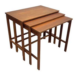 FRANCE & SON TEAK NEST OF TABLES: SET OF THREE TEAK NESTING TABLE, MARKED. SCATTERED WEAR INCLUDING STAINING BUT OVERALL GOOD. LARGEST TABLE IS 24"X15" TOP, 21"H