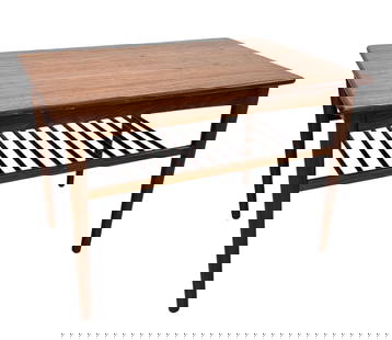DANISH TEAK SIDE TABLE: DANISH TEAK WITH SPINDLE STRETCHER SHELF, SCATTERED WEAR INCLUDLING MINOR SCUFFS/SCRATCHES. 20"X30" TOP, 20"H