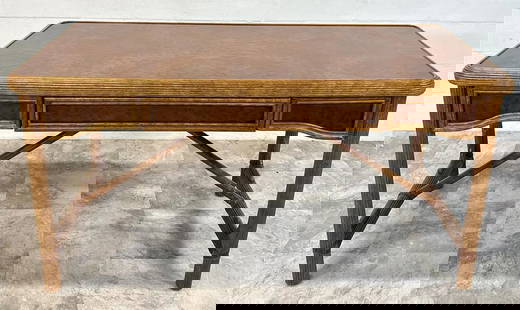 BURLED RATTAN WRITING DESK: PENCIL RATTAN TRIMMED, VERY GOOD. 53"W, 25"D, 28"H. REQUIRES THIRD PARTY SHIPPING/TRANSPORTATION.