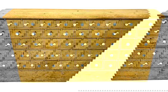 ANTIQUE PINE APOTHECARY CABINET: 35 DRAWER ANTIQUE APOTHECARY - DRUGGIST - PHARMACY CABINET. WELL WEATHERED AND TO PERFECTION. LOADS OF STORAGE OR REPURPOSE. WEAR CONSISTENT WITH AGE AND USE. 65"W, 10"x35". REQUIRES THIRD PARTY SHIPP