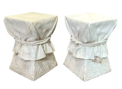 DICKENSON STYLE - LANE - TROMPE LOEILL TABLES: PAIR OF FAUX DRAPE RESIN SIDE TABLES IN THE MANNER OF JOHN DICKENSON, MARKED LANE. 13"X13"X18". REQUIRES THIRD PARTY SHIPPING/TRANSPORTATION.