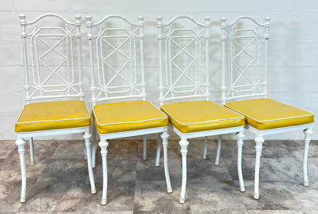 KESSLER FAUX BAMBOO DINING CHAIRS: SET OF FOUR, VINTAGE KESSLER DINING CHAIRS. ORIGINAL VINYL SEATING WITH PIPING, CAST METAL STRUCTURE. GOOD VINTAGE CONDITION. 40"BACK, 18" SEAT, 16"W, 17"D. REQUIRES THIRD PARTY SHIPPING/TRANSPORTATIO