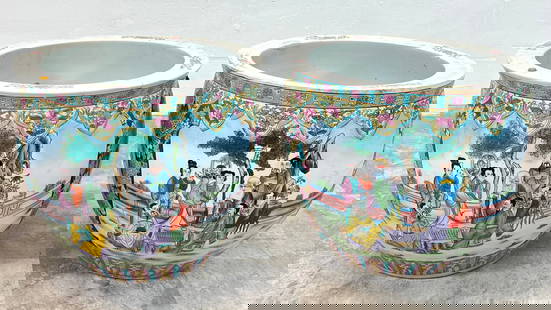 LARGE CHINESE FISHBOWL PLANTERS: PAIR OF FAMILLE ROSE PORCELAIN FISHBOWL PLANTERS. ONE WITH FRACTURES BUT INTACT, ELSE GOOD. 19" DIA., 16"H. REQUIRES THIRD PARTY SHIPPING/TRANSPORTATION.
