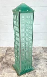 LARGE ART GLASS SKYSCRAPER: LARGE FLOOR STANDING FIGURAL SKYSCRAPER SCULPTURE. SIGNED, ILLEGIBLE. SCATTERED AREAS OF CHIPPING OR LOSS. 12"X12"X43". REQUIRES THIRD PARTY SHIPPING/TRANSPORTATION.