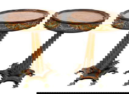 NAPOLEONIC PEDESTAL TABLES: PAIR OF FRENCH STYLE TABLES WITH PEDESTAL BASE. BURLED WOOD VENEER WITH APPLIED METAL DECORATIONS. HEXGONAL FORM SHAFT OVER SIX METAL PAW FEET. SCATTERED WEAR CONSISTENT WITH AGE AND USE, CRAQUELURE I