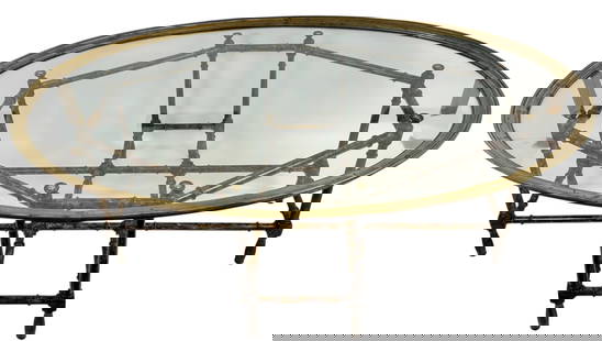 BAKER (ATTR.) COFFEE TABLE: GLASS TOP WITH BRASS RING, FAUX BAMBOO BASE. 44"X30"X16"
