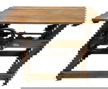 E. & H.T. ANTHONY & CO. INDUSTRIAL TABLE: SMALL INDUSTRIAL TABLE, POSSIBLE BROOM LATHE, CRANK HANDLE WITH GEARS. NOT FUNCTIONING FULLY. NICE DECORATIVE TABLE. 18"X30" TOP, 35"H