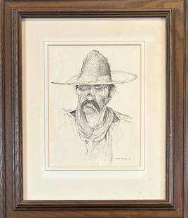 ROBERT FREEMAN - COWBOY PORTRAIT: ROBERT FREEMAN (AMERICAN, B.1927) INK ON PAPER PORTRAIT OF A COWBOY. SIGNED LOWER RIGHT, 1969. FRAMED, 24"X20". REQUIRES THIRD PARTY SHIPPING/TRANSPORTATION.