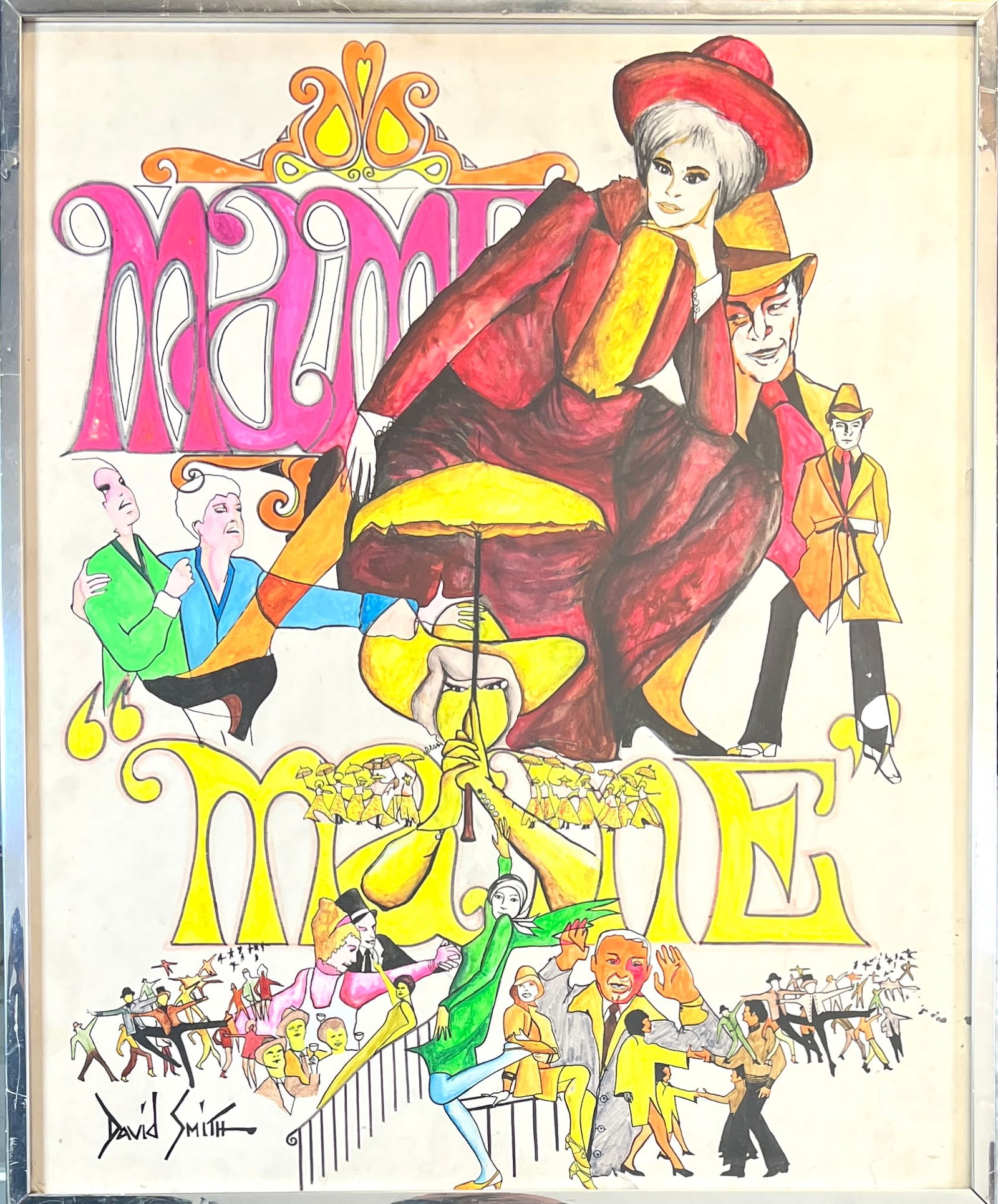 DAVID SMITH - MAME THE MUSICAL: DAVID SMITH (AMERICAN, 20TH CENTURY) PAINTING FOR THE MUSICAL, MAME, BY JEROME LAWRENCE. INK ON PAPER, FRAMED, SIGNED LOWER LEFT. 23"X28". REQUIRES THIRD PARTY SHIPPING/TRANSPORTATION.