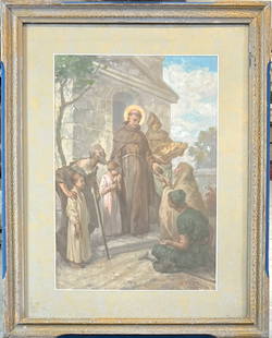 J. KLAR - SAINT AMONG PEASANTS: SIGNED J. KLAR, N.Y. GOUACHE ON PAPER. SIGNED LOWER RIGHT. FRAMED, 16"X20". REQUIRES THIRD PARTY SHIPPING/TRANSPORTATION.