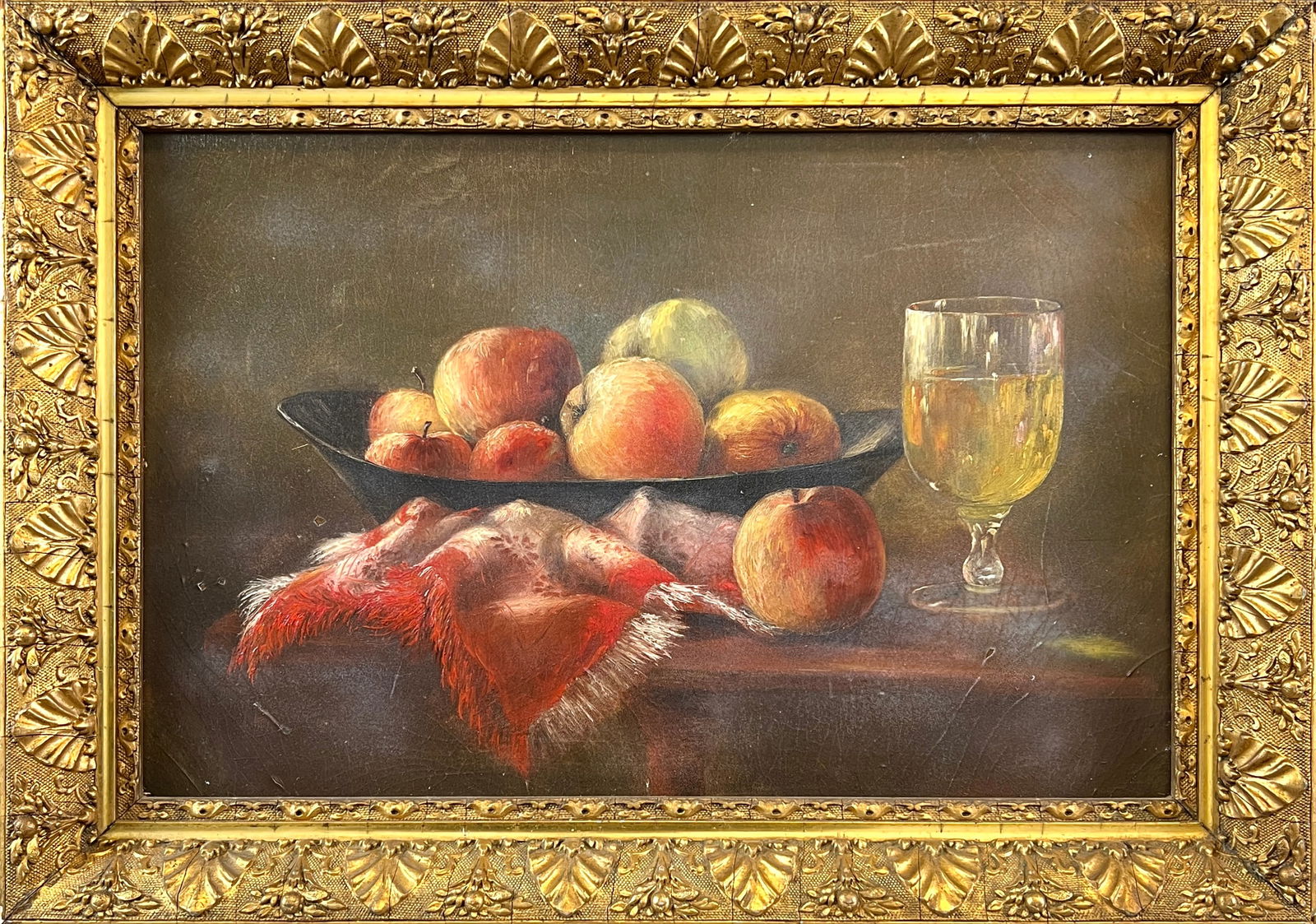 ANTIQUE STILL LIFE PAINTING: EARLY 2OTH C. OIL ON BOARD PAINTING, FRUIT WITH TEXTILE AND GOBLET. GILT, WOODEN FRAME. UNSIGNED. 16"X22". REQUIRES THIRD PARTY SHIPPING/TRANSPORTATION.