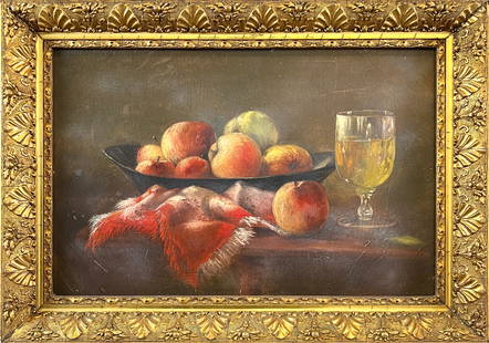 ANTIQUE STILL LIFE PAINTING: EARLY 2OTH C. OIL ON BOARD PAINTING, FRUIT WITH TEXTILE AND GOBLET. GILT, WOODEN FRAME. UNSIGNED. 16"X22". REQUIRES THIRD PARTY SHIPPING/TRANSPORTATION.