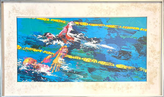LEROY NEIMAN - 1976 MONTREAL OLYMPICS: LEROY NEIMAN (AMERICAN, 1921-2012) SERIGRAPH OF SWIMMERS FOR THE 1976 MONTREAL OLYMPICS. HAS NOT BEEN EXAMINED OUTSIDE OF THE MATTED FRAME FOR SIGNATURE. MAT WITH FOXING. 16"X27". REQUIRES THIRD PARTY
