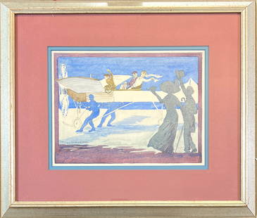 JULIEN LACAZE - FLYING MACHINE: JULIEN LACAZE (FRENCH, 1886-1971) WATERCOLOR, POSSIBLY MARQUETTE FOR POSTER ILLUSTRATION. ORIGINAL, SIGNED. 18"X21". REQUIRES THIRD PARTY SHIPPING/TRANSPORTATION.