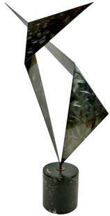CURTIS JERE METAL ART SCULPTURE: ABSTRACT GEOMETRIC METAL ART SCULPTURE ON STONE BASE. SIGNED JERE, 1996. 36"H. REQUIRES THIRD PARTY SHIPPING/TRANSPORTATION.