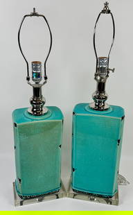 DISTRESSED TURQUOISE TABLE LAMPS: CONTEMPORARY, DISTRESSED, CRACKLE BODY CERAMIC LAMPS ON CLEAR ACRYLIC BASE. BASE TO SOCKET 22"
