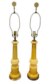 WARREN KESSLER STYLE ART GLASS LAMPS: PAIR OF WK STYLE MURANO ART GLASS LAMPS IN YELLOW. BASE TO SOCKET 22". REQUIRES THIRD PARTY SHIPPING/TRANSPORATION.