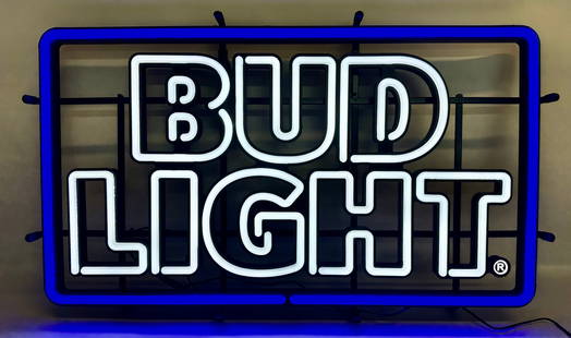 BUD LIGHT BEER NEON SIGNED: WORKING. 18"X28". REQUIRES THIRD PARTY SHIPPING/TRANSPORATION.