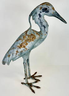 PATINATED CAST METAL SCULPTURE OF HERON: CAST METAL, WEATHERED. 26"H. REQUIRES THIRD PARTY SHIPPING/TRANSPORTATION.