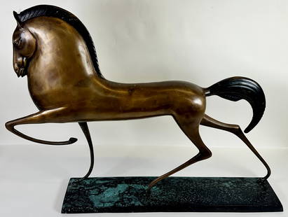 AFTER LOVET-LORSKI ETRUSCAN HORSE BRONZE: UNSIGNED BRONZE SCULPTURE OF AN ETRUSCAN HORSE, STYLIZED DESIGNS. PATINATED, WEATHERED FINISH. 36"X6"X28". REQUIRES THIRD PARTY SHIPPING/TRANSPORTATION.