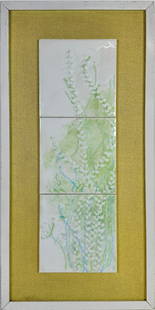 HARRIS G. STRONG ART TILES: SERIES OF THREE ART TILES MOUNTED ON MATTED FRAME. LABEL ON VERSO. EACH TILE IS 6"X6". IMAGE 6"X18". FRAME 12"X24"