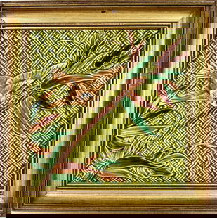 FRAMED CERAMIC ART TILE: STYLED BIRD ON BAMBOO BRANCH, FRAMED ART TILE. UNSIGNED. 10.5"X10.5"