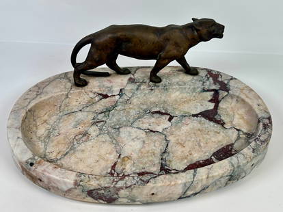 ART NOUVEAU TIGER DRESSER OR ASH TRAY: BRONZE TIGER MOUNTED ON RECESSED MARBLE. UNSIGNED. 15"X11"X5". THIS ITEM REQUIRES THIRD PARTY SHIPPING/TRANSPORTATION.