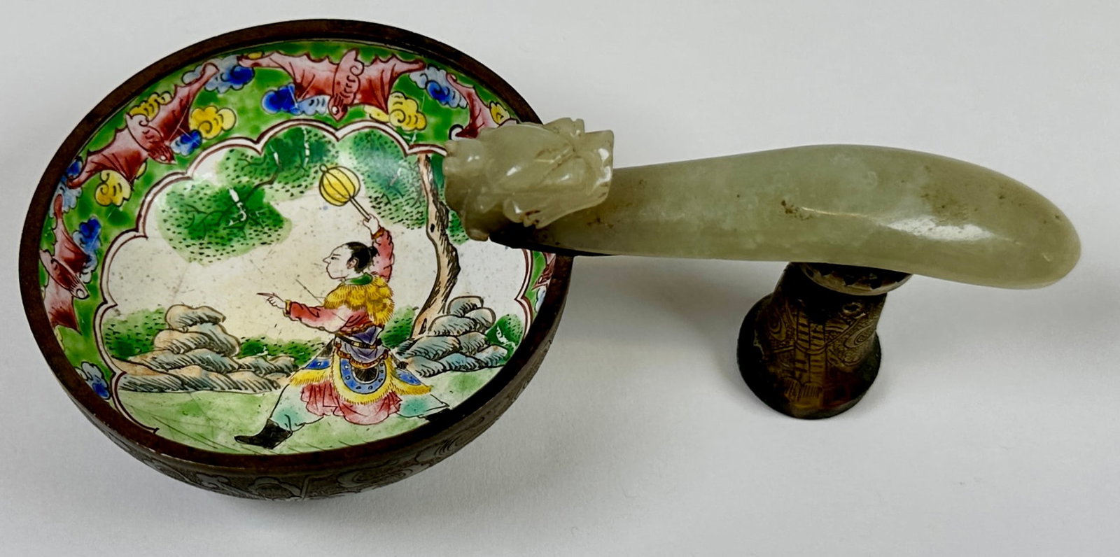 CHINESE QING PEKING ENAMEL JADE CUP: CHINESE QING DYNASTY, PEKING ENAMLED ENAMELED/METAL WINE CUP WITH DRAGON JADE CARVED HANDLE. 5.25"X3"