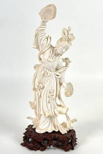 CHINESE ORGANIC CARVING OF FIGURAL DANCER: INTRICATELY CARVED. MOUNTED UPON WOODEN STAND. 8"H