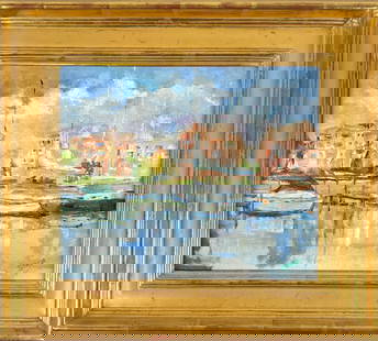 JUDY STACH GRAND HARBOR PAINTING: JUDY STACH (AMERICAN, FLORIDA, CONTEMPORARY) OIL ON BOARD PAINTING OF INDIAN RIVER,GRAND HARBOR MARINOA, VERO BEACH, FLORIDA. FRAMED, 17"X15"