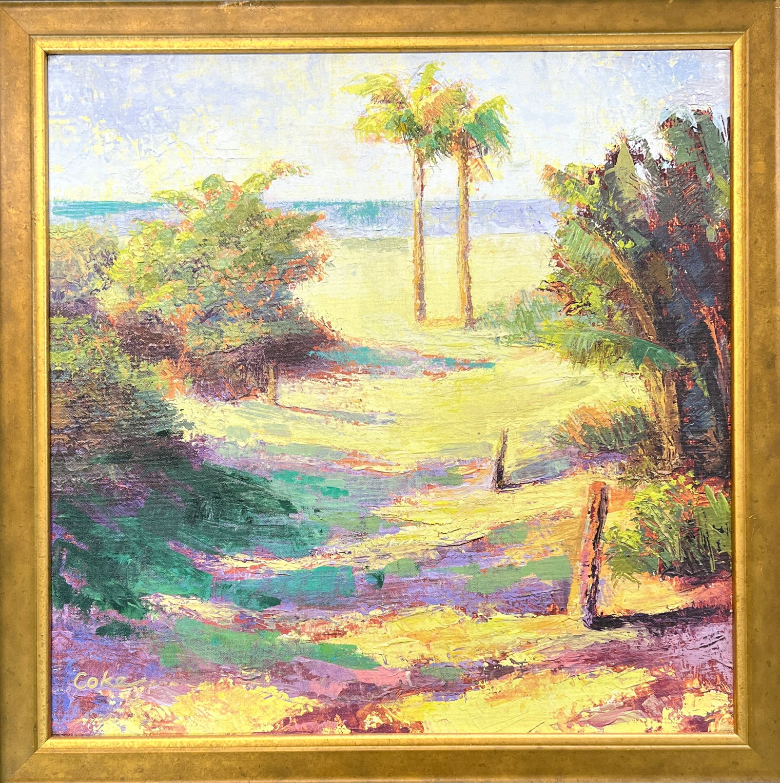 JOANNA COKE FLORIDA BEACH SCAPE PAINTING: JOANNE COKE (AMERICAN, FLORIDA, CONTEMPORARY) OIL ON CANVAS BEACH SCAPE PAINTING. 24"X24"