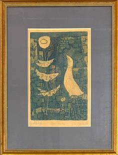 MYSTERY ARTIST - BIRD WITH FLOWER: SIGNED, TITLED AND DATED ILLEGIBLY. COLORED ETCHING/ENGRAVING ON PAPER. FRAMED, 28"X21"