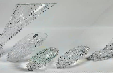 WATERFORD CRYSTAL COLLECTION: INCLUDES A PAIR OF TAPERED CANDLE STICK HOLDERS, LAFFORD VOTIVE CANDLE HOLDER, ARAGLIN VASE. EXCELLENT. TALLEST IS 8"